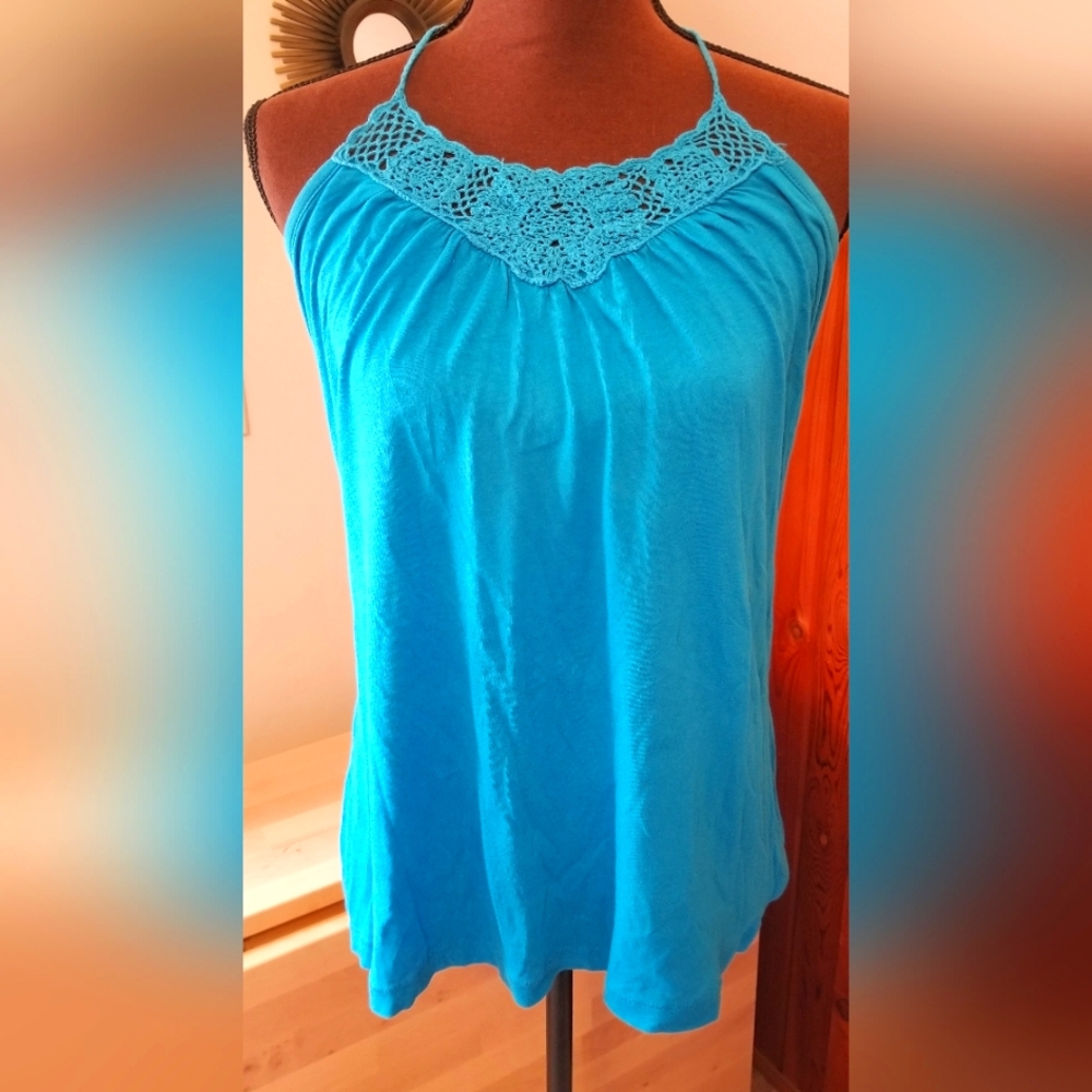 Crochet-Detail Turquoise Halter Tank Top